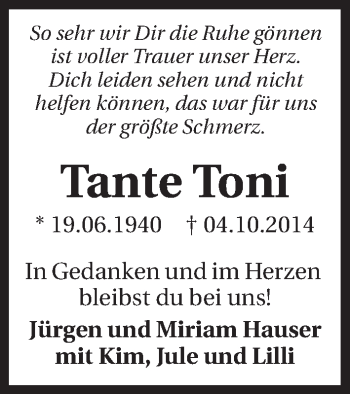 Traueranzeige von Toni  