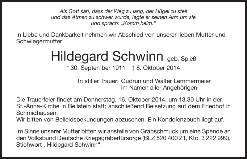  Traueranzeige für Hildegard Schwinn vom 13.10.2014 aus 