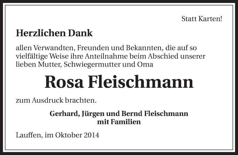  Traueranzeige für Rosa Fleischmann vom 11.10.2014 aus 