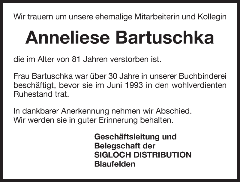  Traueranzeige für Anneliese Bartuschka vom 11.10.2014 aus 
