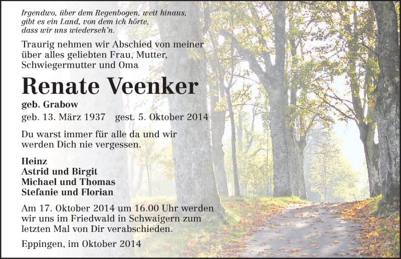  Traueranzeige für Renate Veenker vom 13.10.2014 aus 
