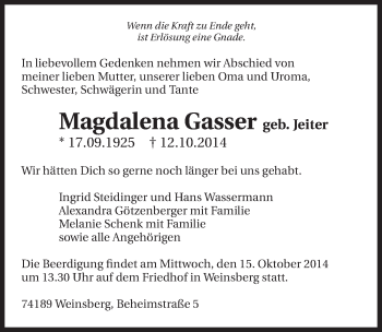 Traueranzeige von Magdalena Gasser 
