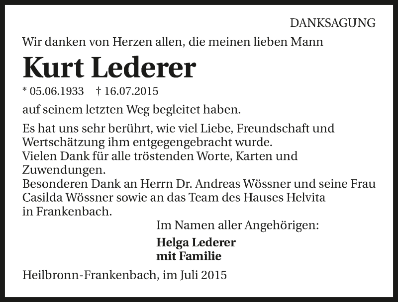 Traueranzeige für Kurt Lederer vom 25.07.2015 aus 