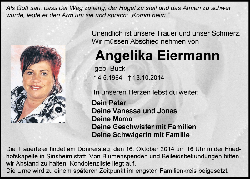  Traueranzeige für Angelika Eiermann vom 15.10.2014 aus 