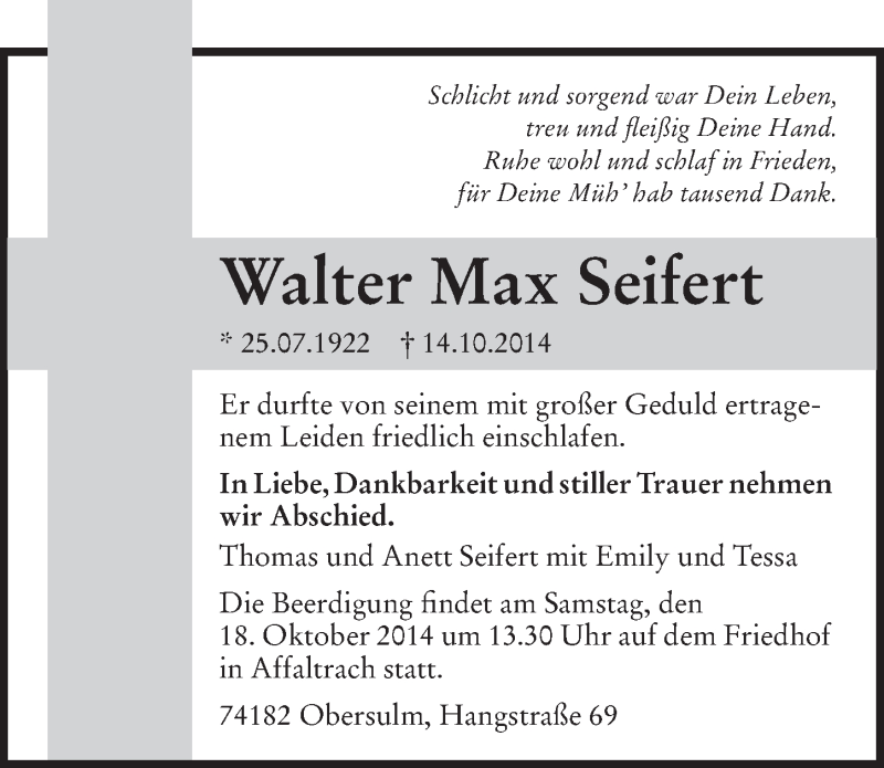  Traueranzeige für Walter Max Seifert vom 16.10.2014 aus 