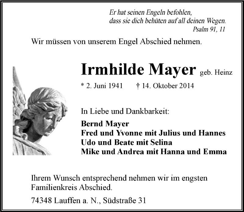  Traueranzeige für Irmhilde Mayer vom 18.10.2014 aus 