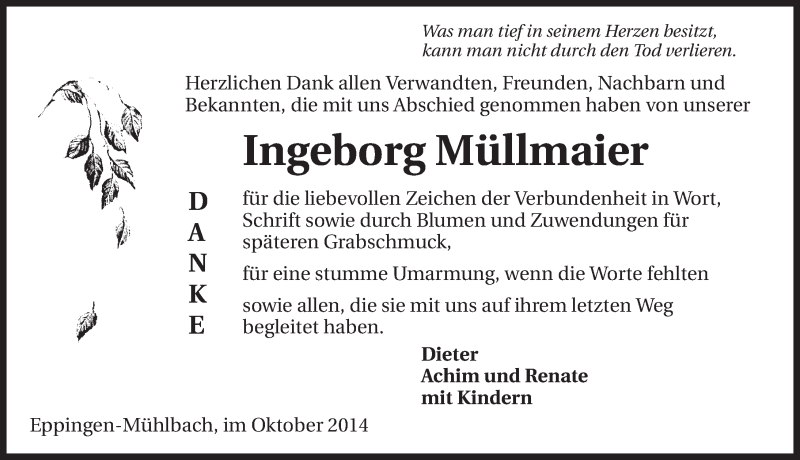  Traueranzeige für Ingeborg Müllmaier vom 17.10.2014 aus 
