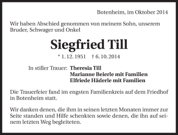 Traueranzeige von Siegfried Till 