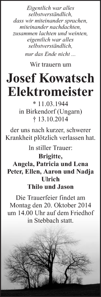  Traueranzeige für Josef Kowatsch vom 18.10.2014 aus 