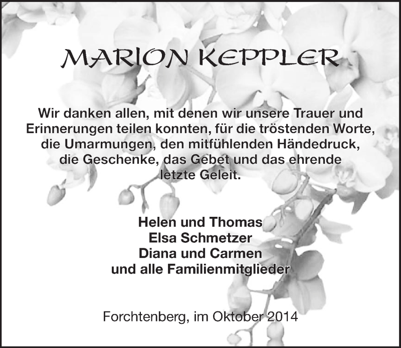  Traueranzeige für Marion Keppler vom 18.10.2014 aus 