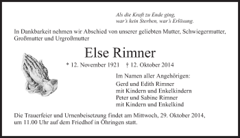 Traueranzeige von Else Rimner 