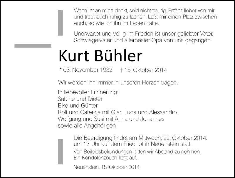  Traueranzeige für Kurt Bühler vom 18.10.2014 aus 