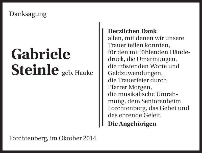  Traueranzeige für Gabriele Steinle vom 21.10.2014 aus 