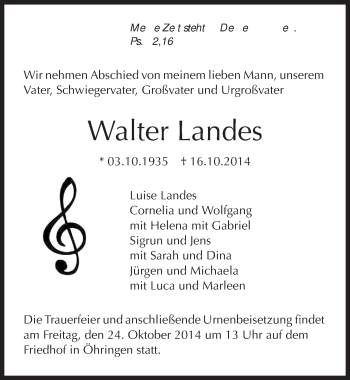 Traueranzeige von Walter Landes 