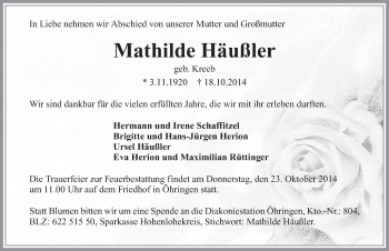 Traueranzeige von Mathilde Häußler 