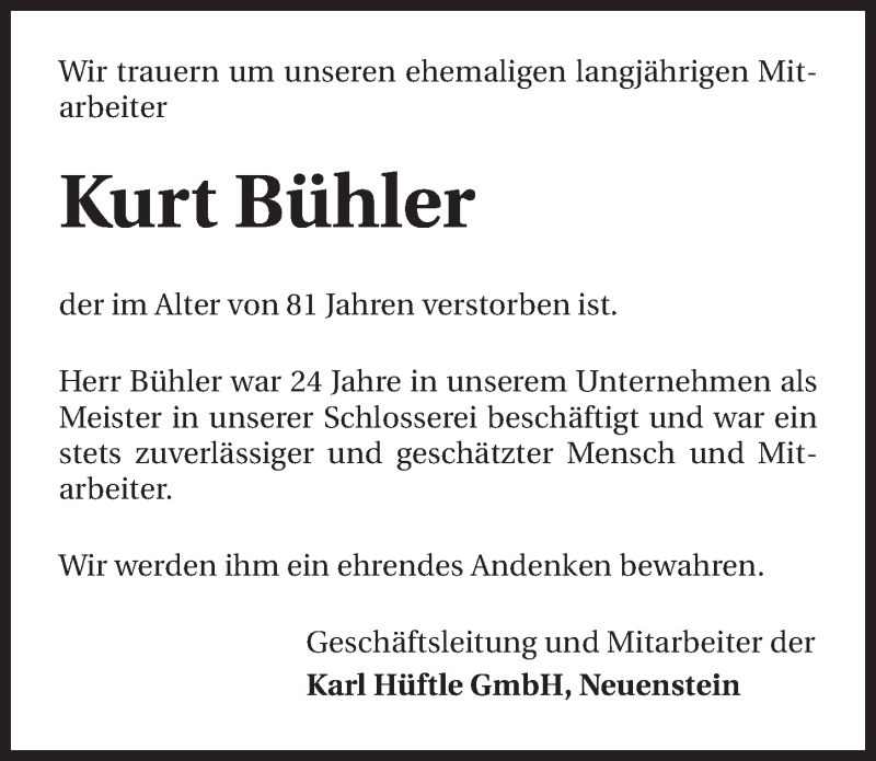  Traueranzeige für Kurt Bühler vom 21.10.2014 aus 