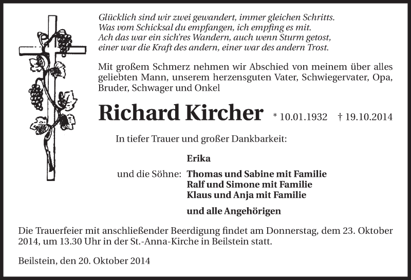  Traueranzeige für Richard Kircher vom 21.10.2014 aus 