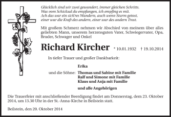 Traueranzeige von Richard Kircher 
