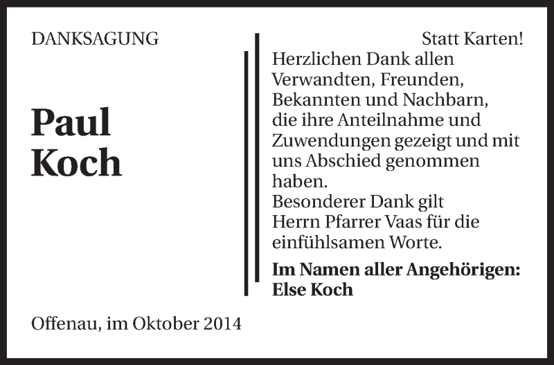 Traueranzeige für Paul Koch vom 22.10.2014 aus 