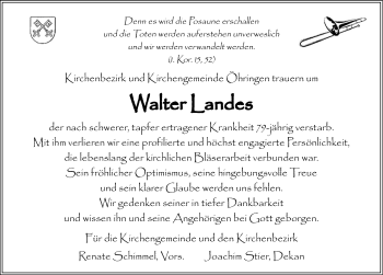 Traueranzeige von Walter Landes 