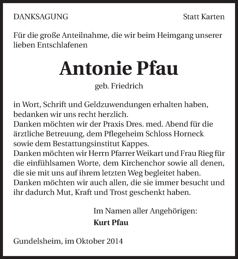  Traueranzeige für Antonie Pfau vom 22.10.2014 aus 