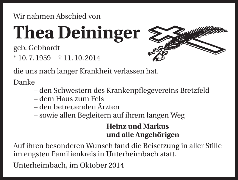  Traueranzeige für Thea Deininger vom 25.10.2014 aus 