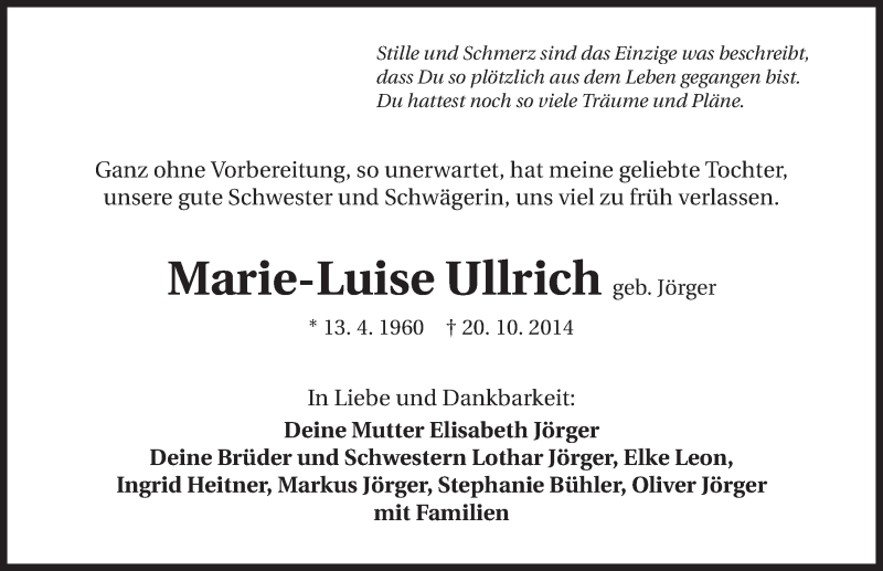  Traueranzeige für Marie-Luise Ullrich vom 23.10.2014 aus 