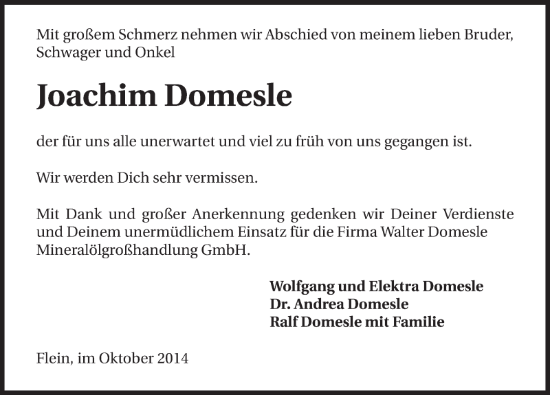  Traueranzeige für Joachim Domesle vom 23.10.2014 aus 