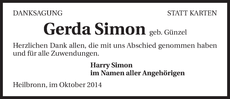  Traueranzeige für Gerda Simon vom 23.10.2014 aus 