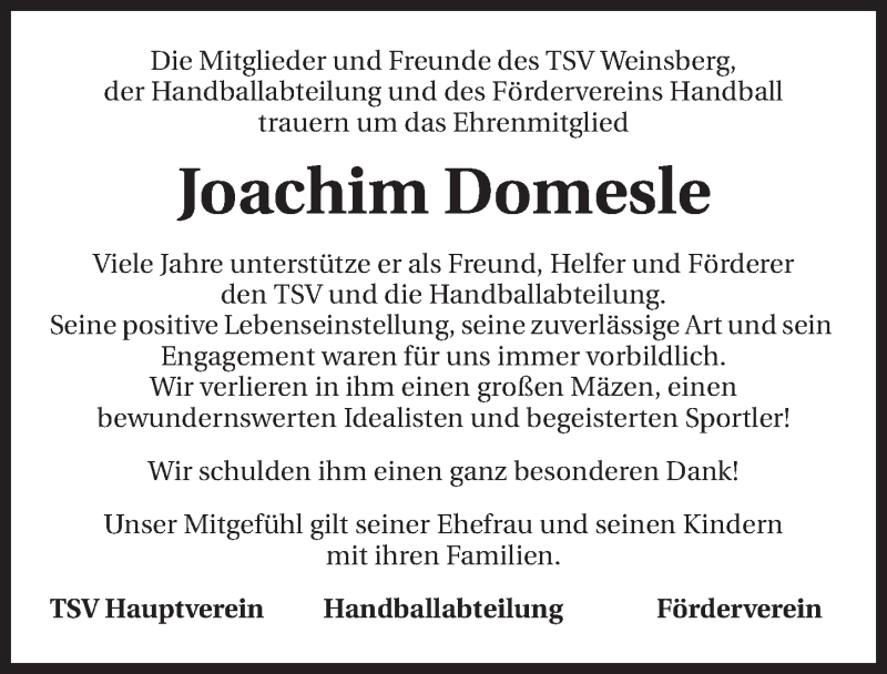  Traueranzeige für Joachim Domesle vom 24.10.2014 aus 