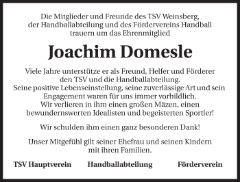 Traueranzeige von Joachim Domesle 