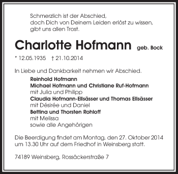 Traueranzeige von Charlotte Hofmann 