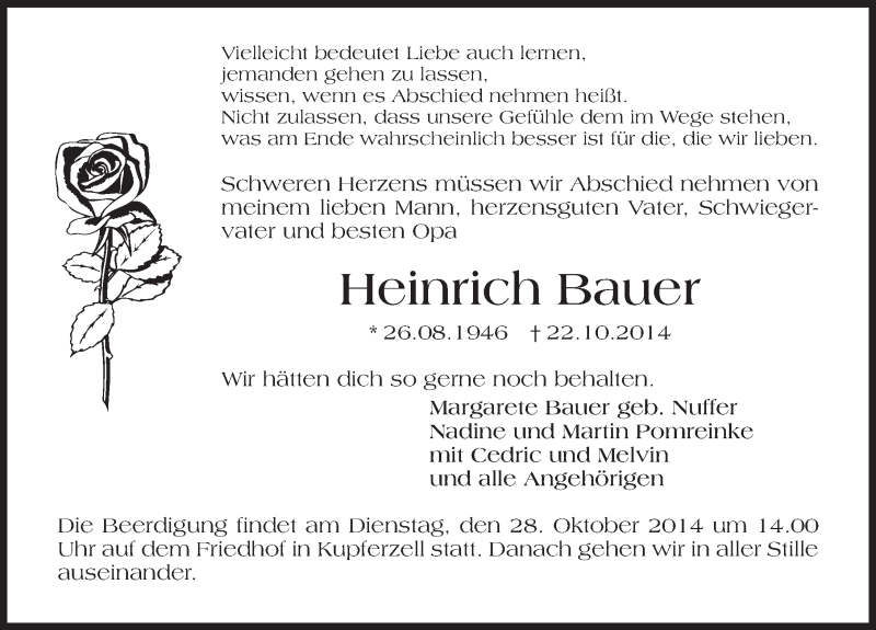  Traueranzeige für Heinrich Bauer vom 25.10.2014 aus 