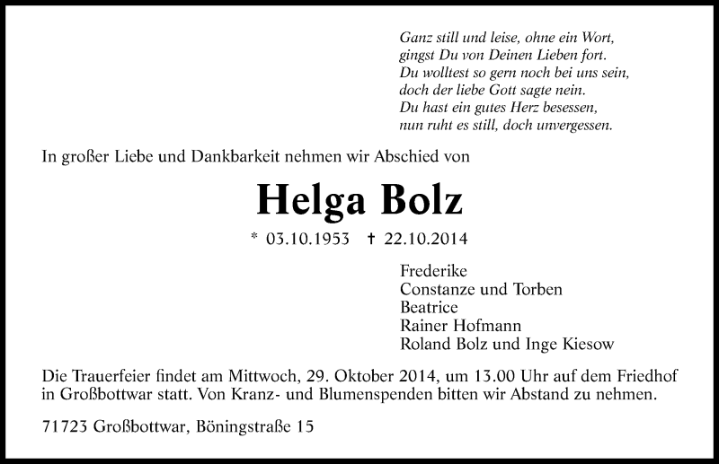 Traueranzeige für Helga Bolz vom 25.10.2014 aus 