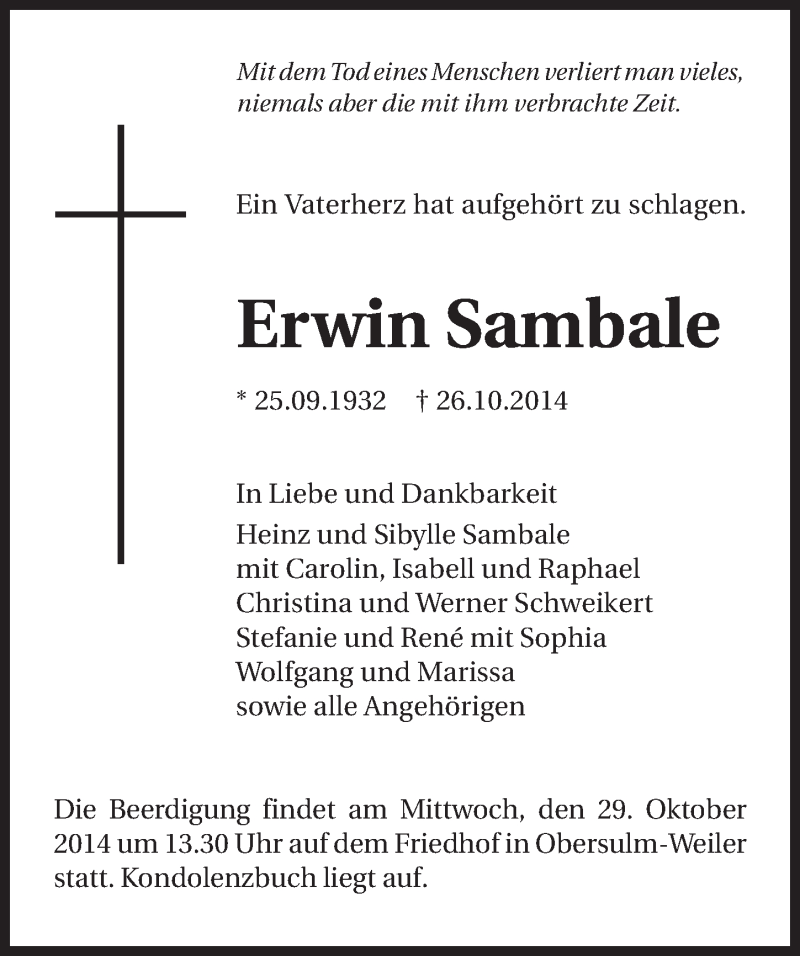  Traueranzeige für Erwin Sambale vom 27.10.2014 aus 