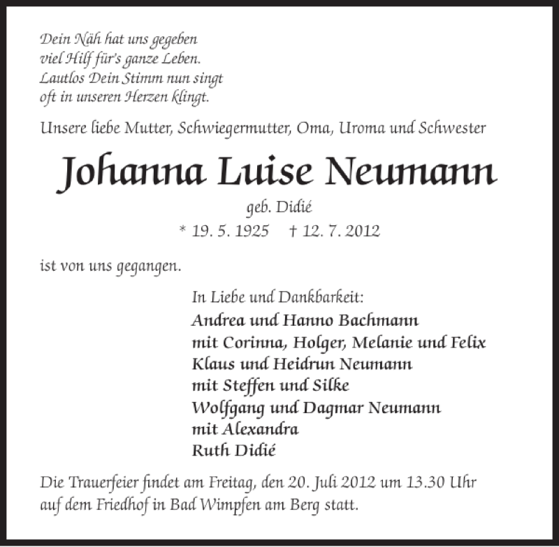  Traueranzeige für Johanna Luise Neumann vom 18.07.2012 aus 