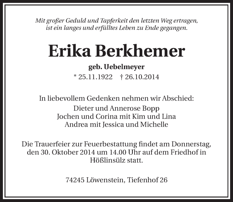  Traueranzeige für Erika Berkhemer vom 28.10.2014 aus 