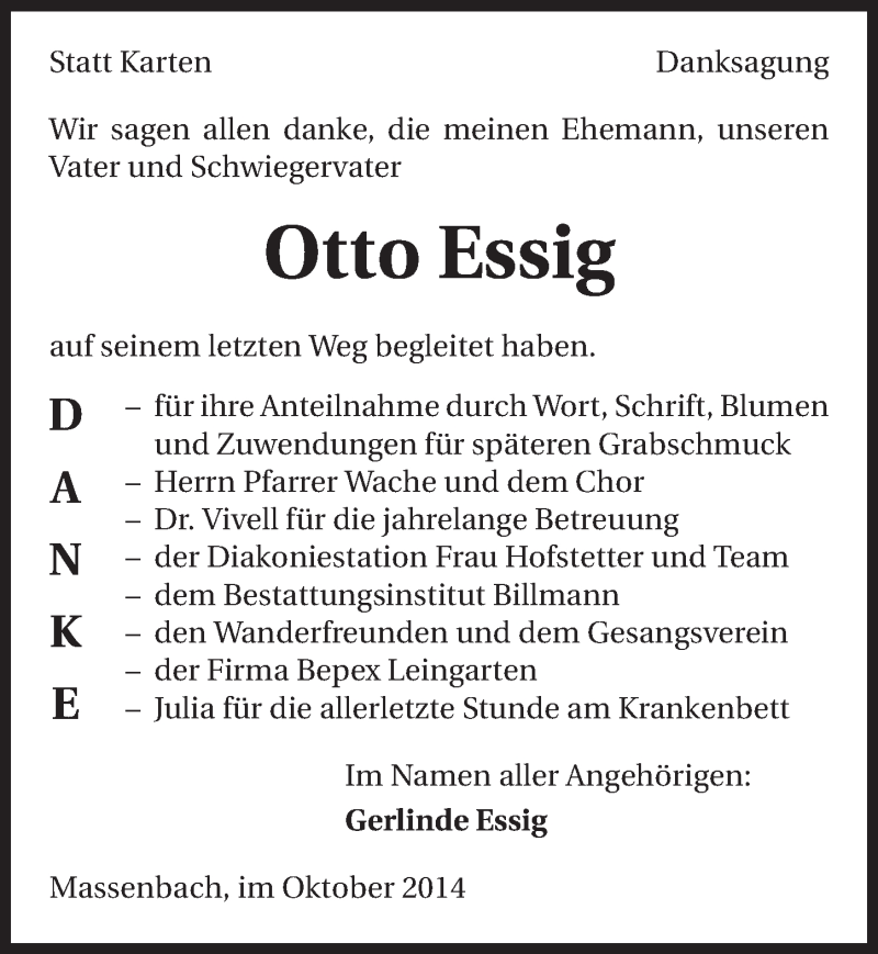  Traueranzeige für Otto Essig vom 31.10.2014 aus 