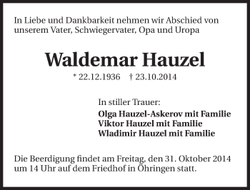Traueranzeige von Waldemar Hauzel 