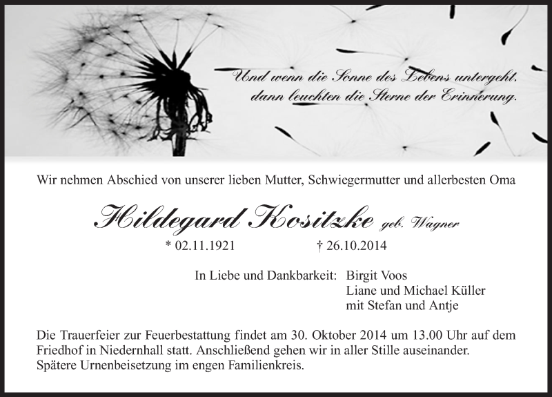  Traueranzeige für Hildegard Kositzke vom 30.10.2014 aus 