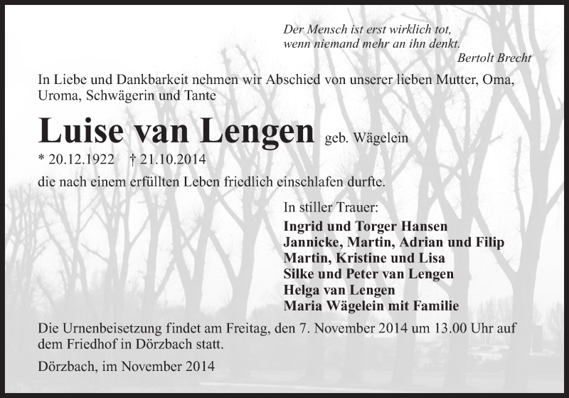  Traueranzeige für Luise van Lengen vom 03.11.2014 aus 