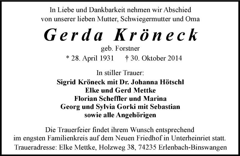  Traueranzeige für Gerda Kröneck vom 03.11.2014 aus 