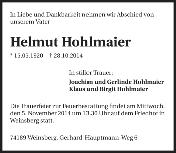 Traueranzeige von Helmut Hohlmaier 
