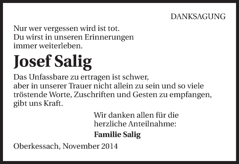  Traueranzeige für Josef Salig vom 04.11.2014 aus 