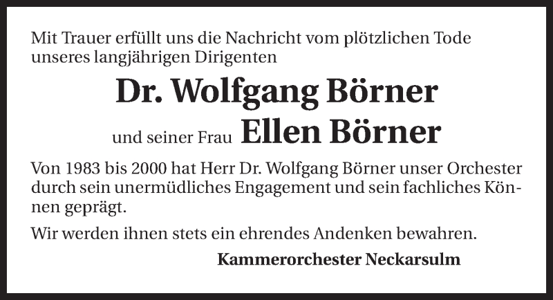  Traueranzeige für Wolfgang und Ellen Börner vom 05.11.2014 aus 
