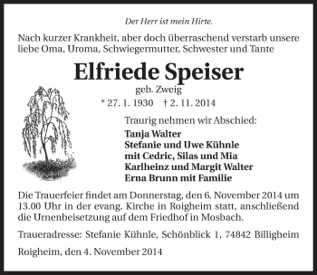 Traueranzeige von Elfriede Speiser 