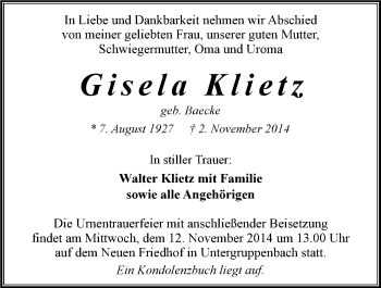 Traueranzeige von Gisela Klietz 