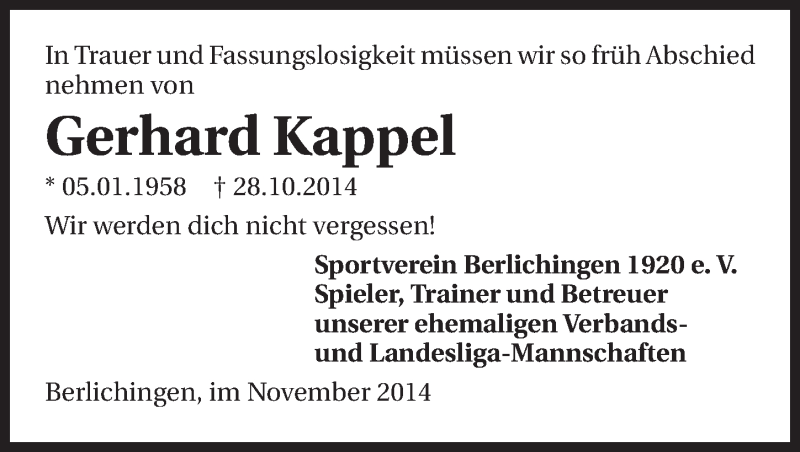  Traueranzeige für Gerhard Kappel vom 07.11.2014 aus 