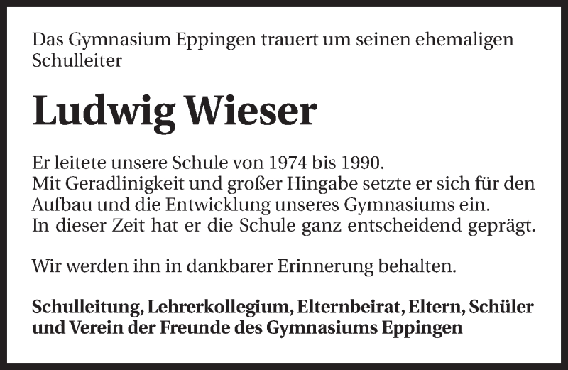  Traueranzeige für Ludwig Wieser vom 07.11.2014 aus 