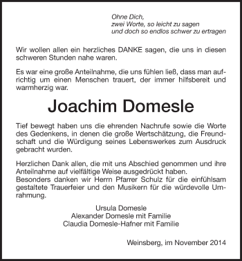 Traueranzeige von Joachim Domesle 